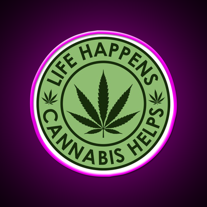 Life Happens Helps Hemp Inspired Green Leaf Led Neon Sign Rgb Color - Neon sign mounted on wall in room