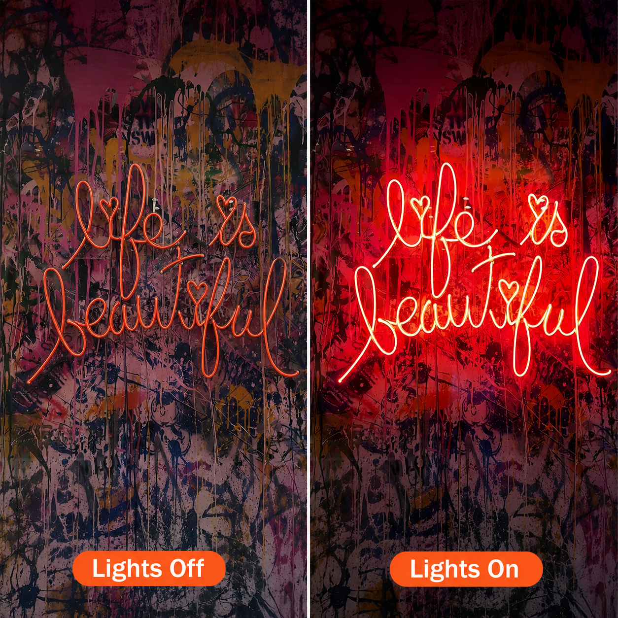 Life Is Beautiful LED Neon Sign Bedroom Wall Art - 06 Day Night Comparison