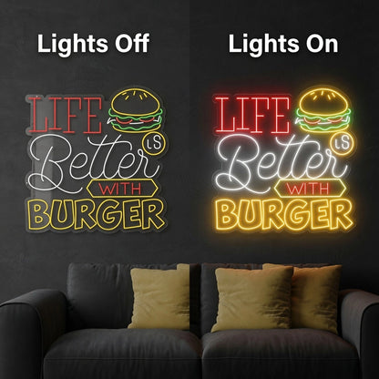 Life Is Better With Burger LED Neon Sign - 06 Day Night Comparison