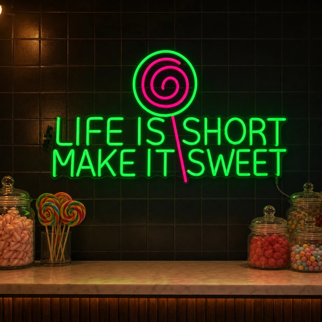 Life Short Make Sweet LED Neon Sign Home Garage Wall Decoration real lifestyle scene