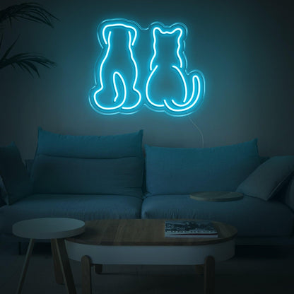 Light Blue Dog And Cat Silhouette Led Neon Sign For Home Decor | Shineneon