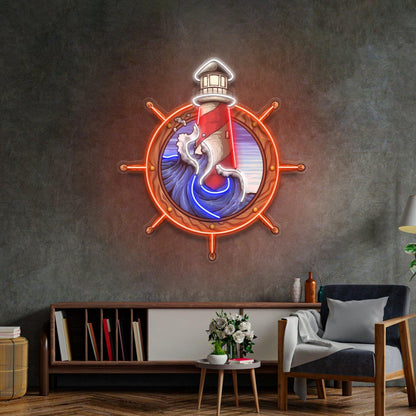 Lighthouse Anchor Waves Navy Blue Amber Uv Printed Led Neon Sign For Home Bar Decor | Shineneon