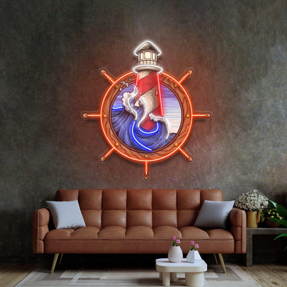 Lighthouse Anchor Waves Navy Blue Amber Uv Printed Led Neon Sign For Home Bar Decor | Shineneon