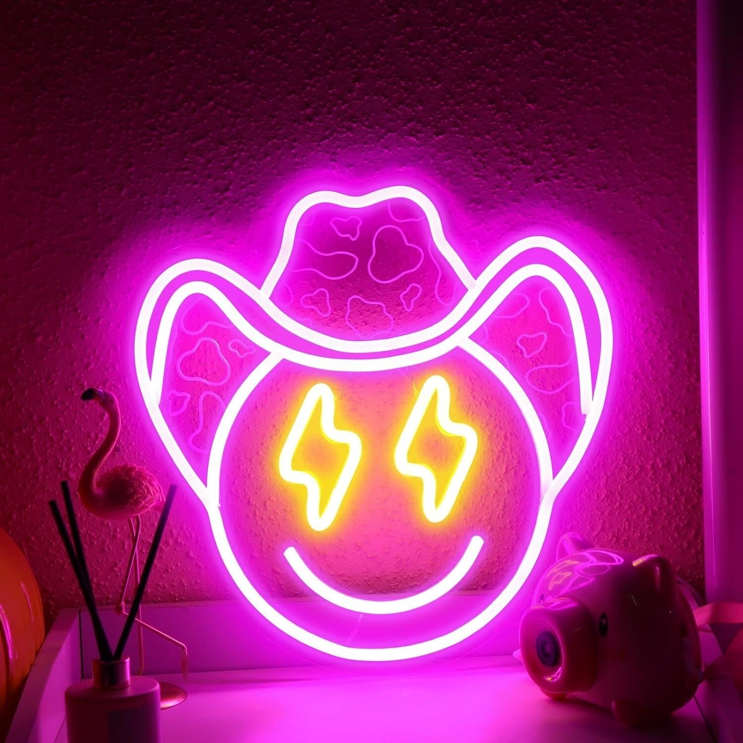 Lightning Eyes And Smiley Face Deep Pink Bedroom Led Neon Sign | Shineneon