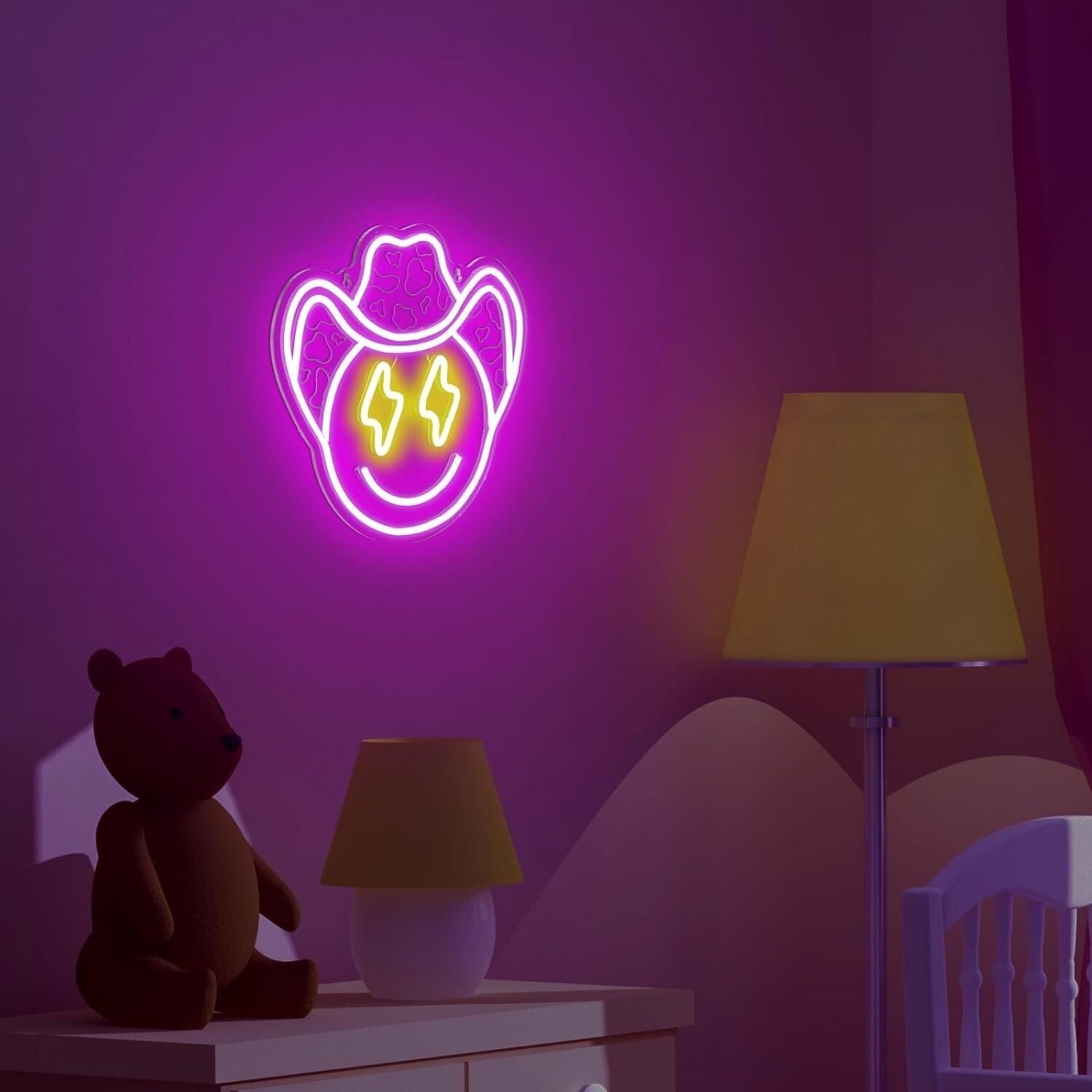 Lightning Eyes And Smiley Face Deep Pink Bedroom Led Neon Sign | Shineneon