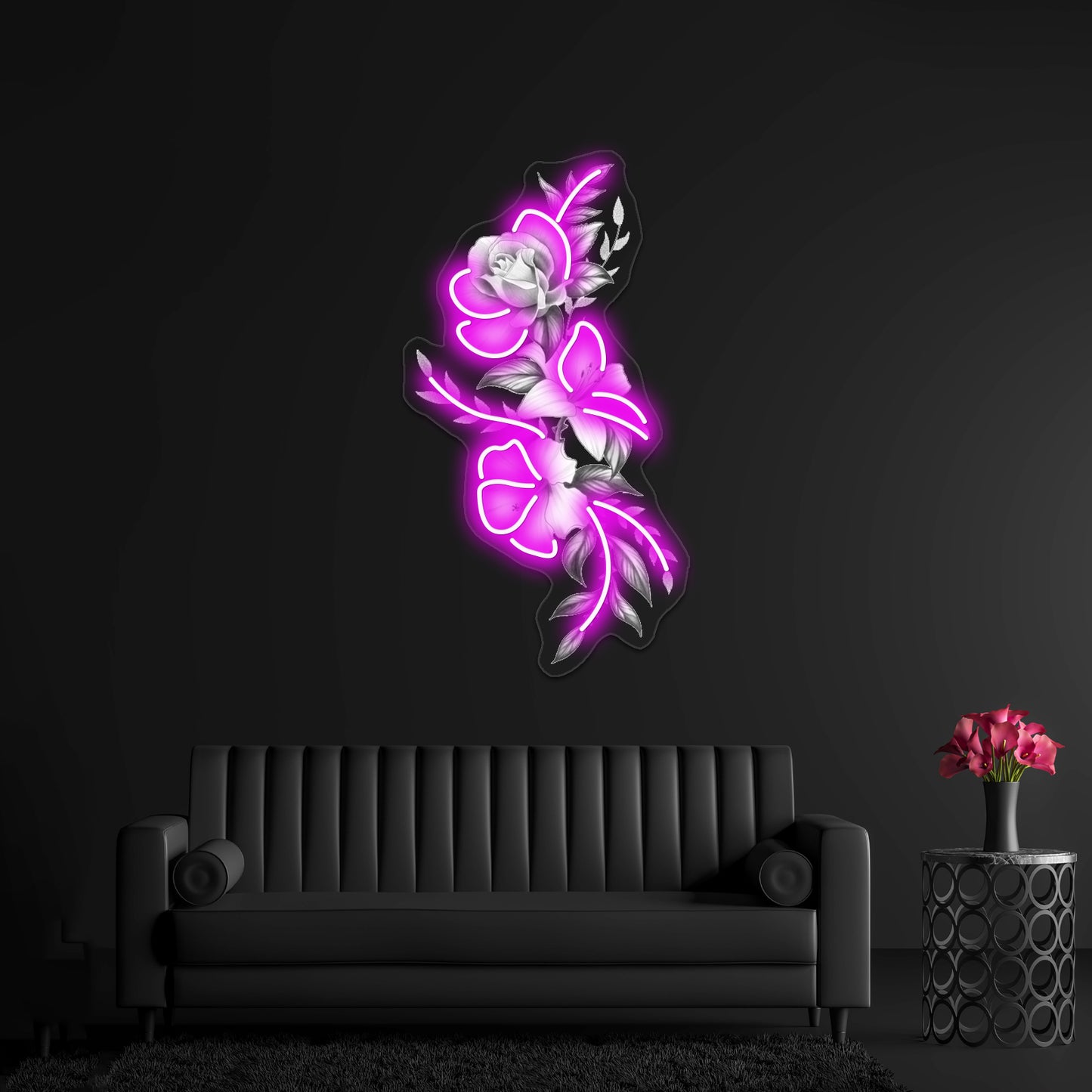 Lily Rose And Hibiscus Floral Tattoo Design Wall Artwork Neon Signs