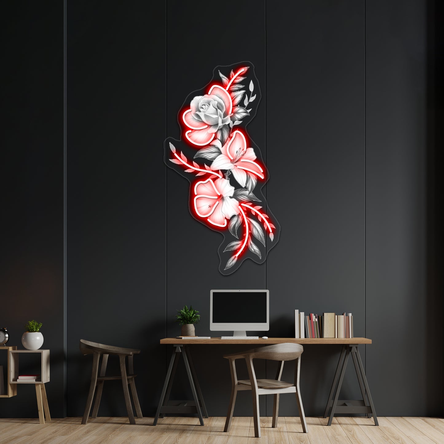 Lily Rose And Hibiscus Floral Tattoo Design Wall Artwork Neon Signs