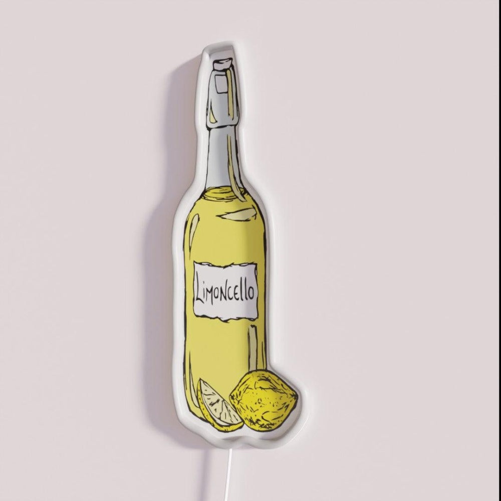 Limoncello Bottle And Lemons Italian Delicacy Rgb Led Neon Sign - Neon sign mounted on wall in room