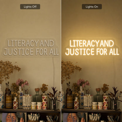 Literracy And Justice For All LED Neon Sign Home Garage Wall Decoration day and night comparison