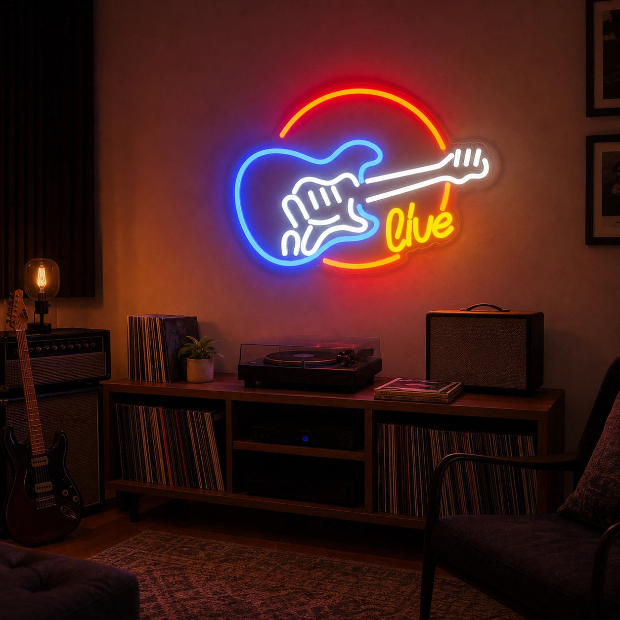 Live Guitar Circle LED Neon Sign Home Garage Wall Decoration real lifestyle scene