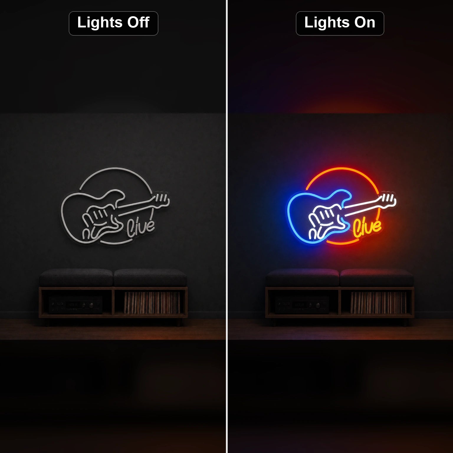 Live Guitar Circle LED Neon Sign Home Garage Wall Decoration day and night comparison