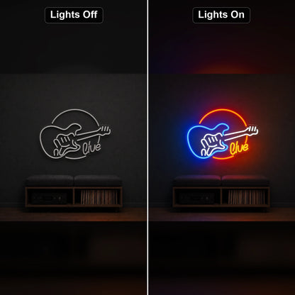 Live Guitar Circle LED Neon Sign Home Garage Wall Decoration day and night comparison