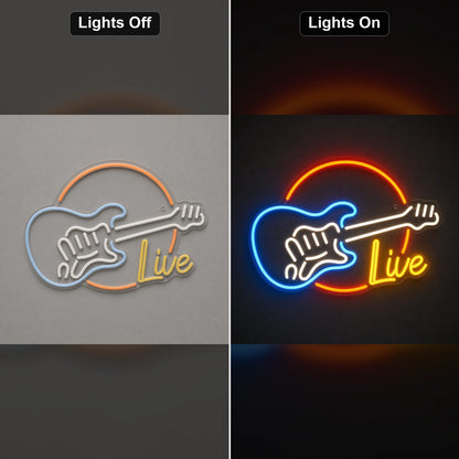 Live Guitar Circle LED Neon Sign Man Cave Neon Sign day and night comparison
