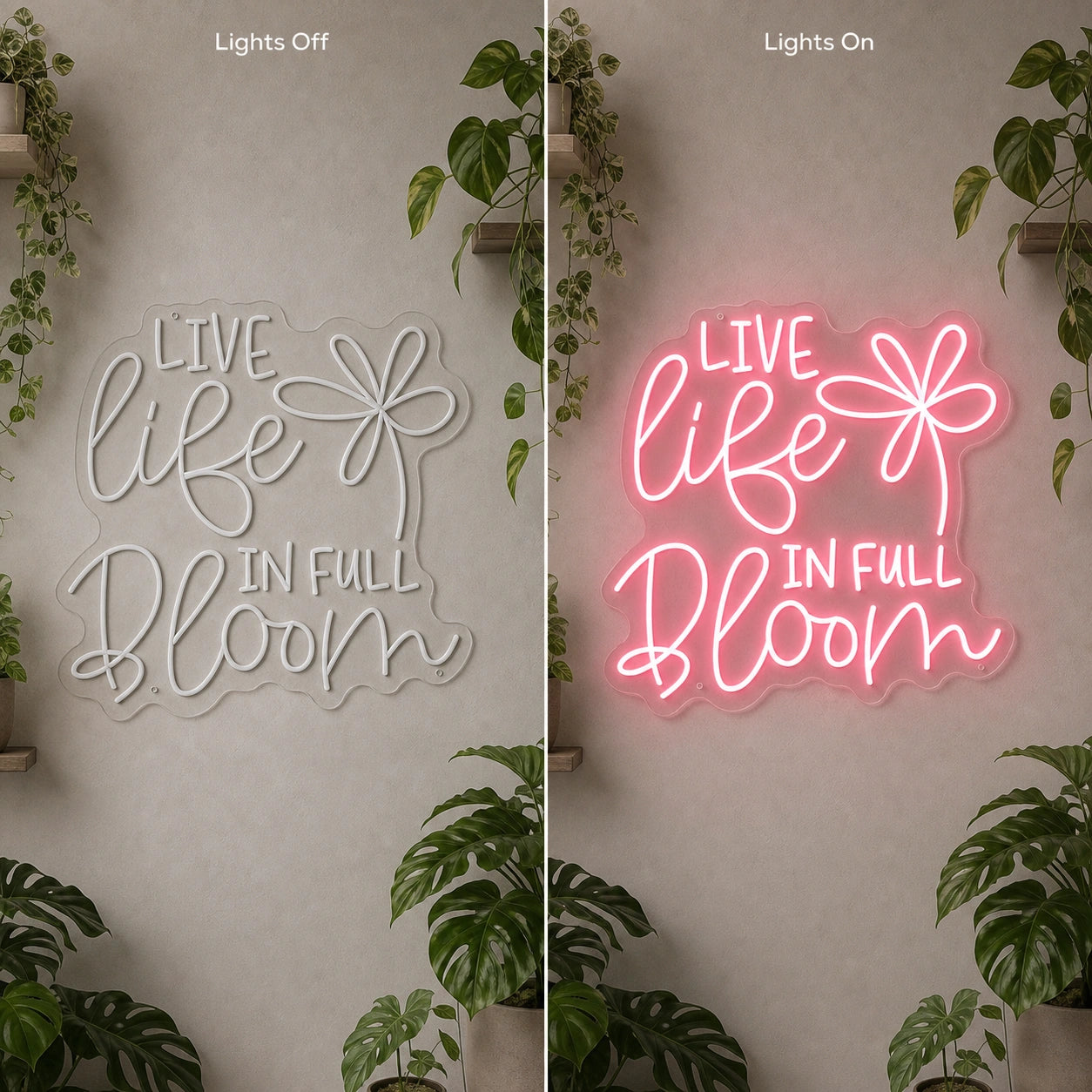 Live Life LED Neon Sign Home Garage Wall Decoration day and night comparison