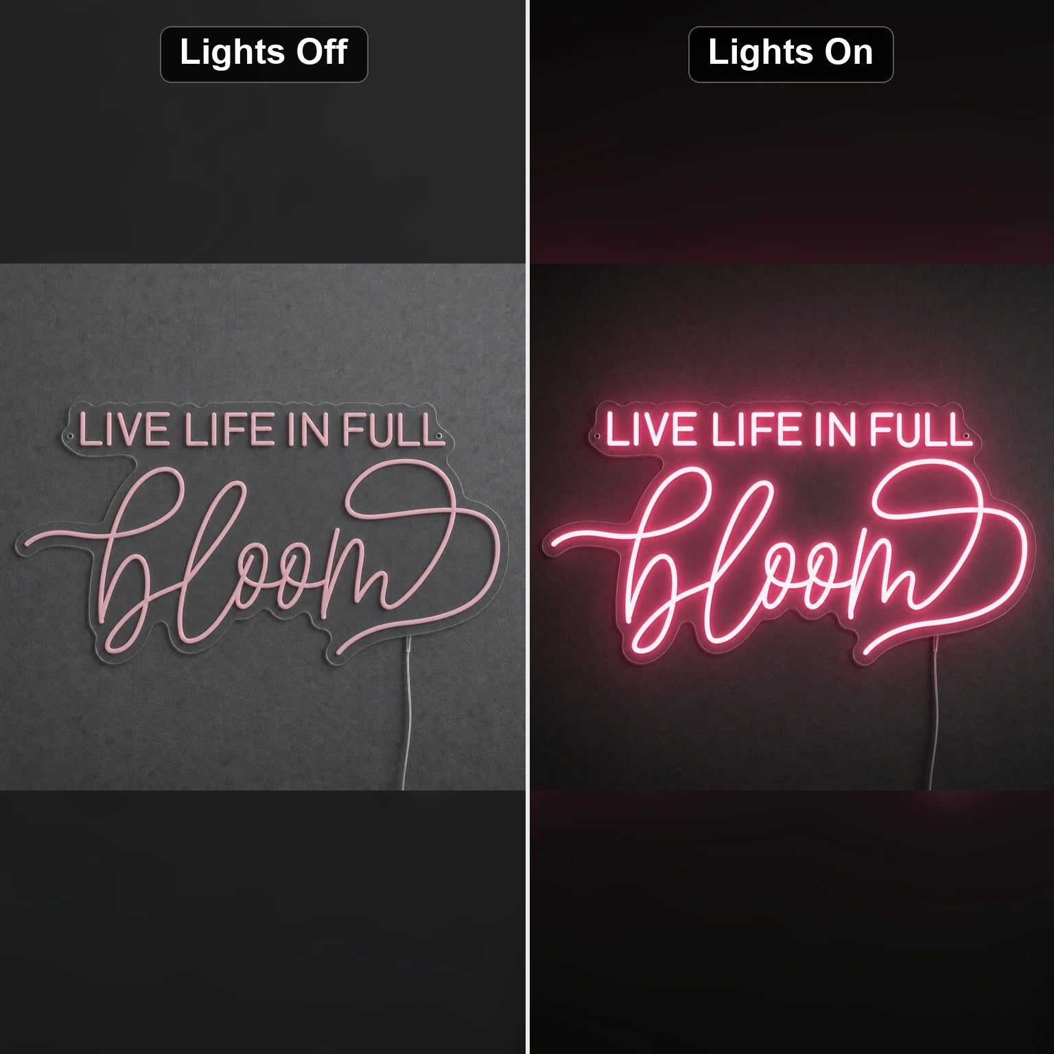 Live Life Wall Decor LED Neon Sign day and night comparison