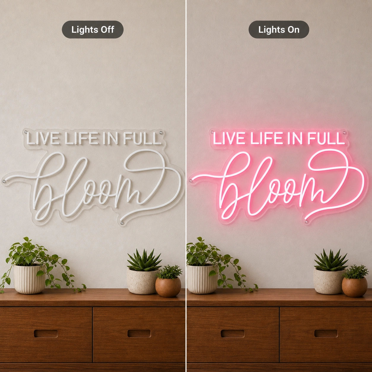 Live Life Wall Decor LED Neon Sign Garage Neon Sign day and night comparison