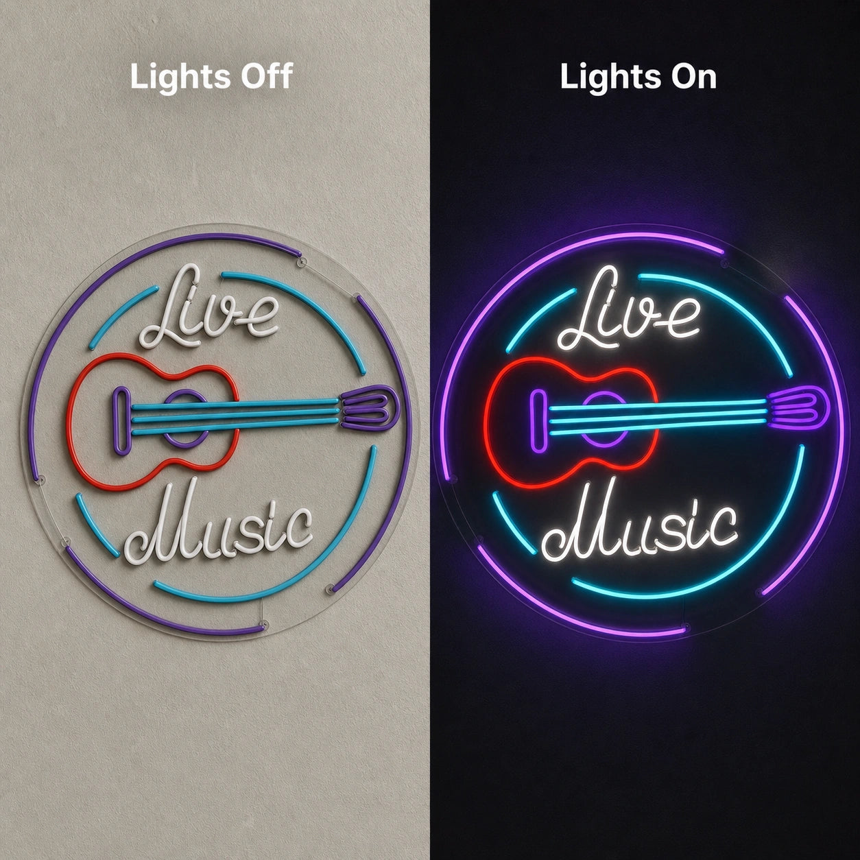 Live Music Guitar Circle LED Neon Sign day and night comparison
