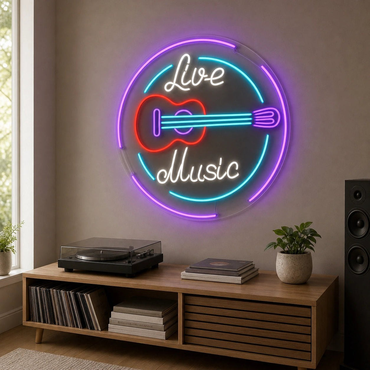 Live Music Guitar Circle LED Neon Sign - Shineneon