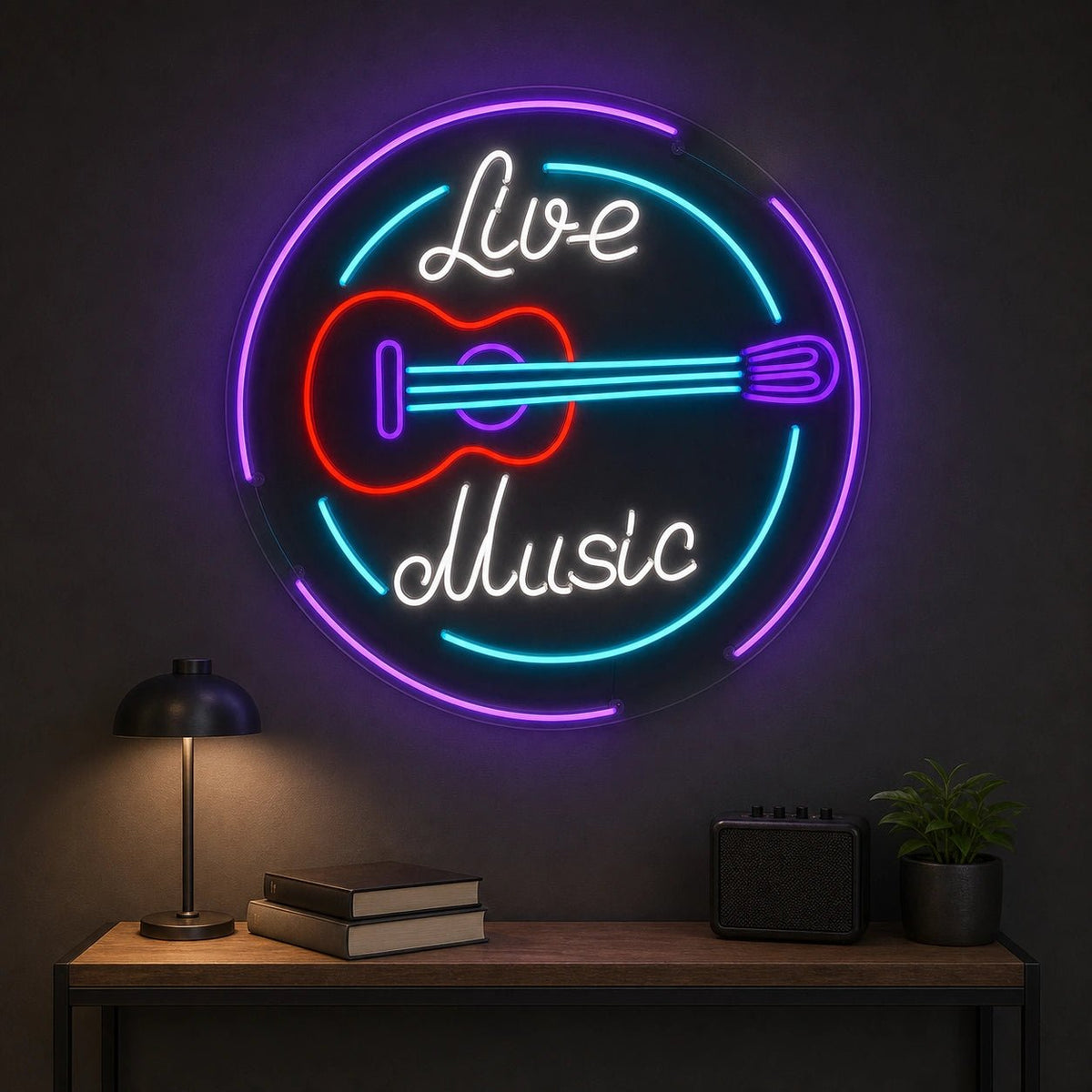 Live Music Guitar Circle LED Neon Sign - Shineneon