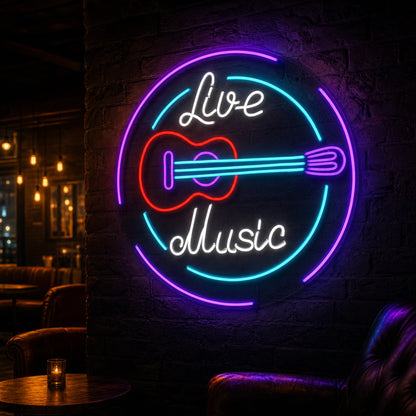 Live Music Guitar Circle LED Neon Sign Home Garage Wall Decoration high-converting product image