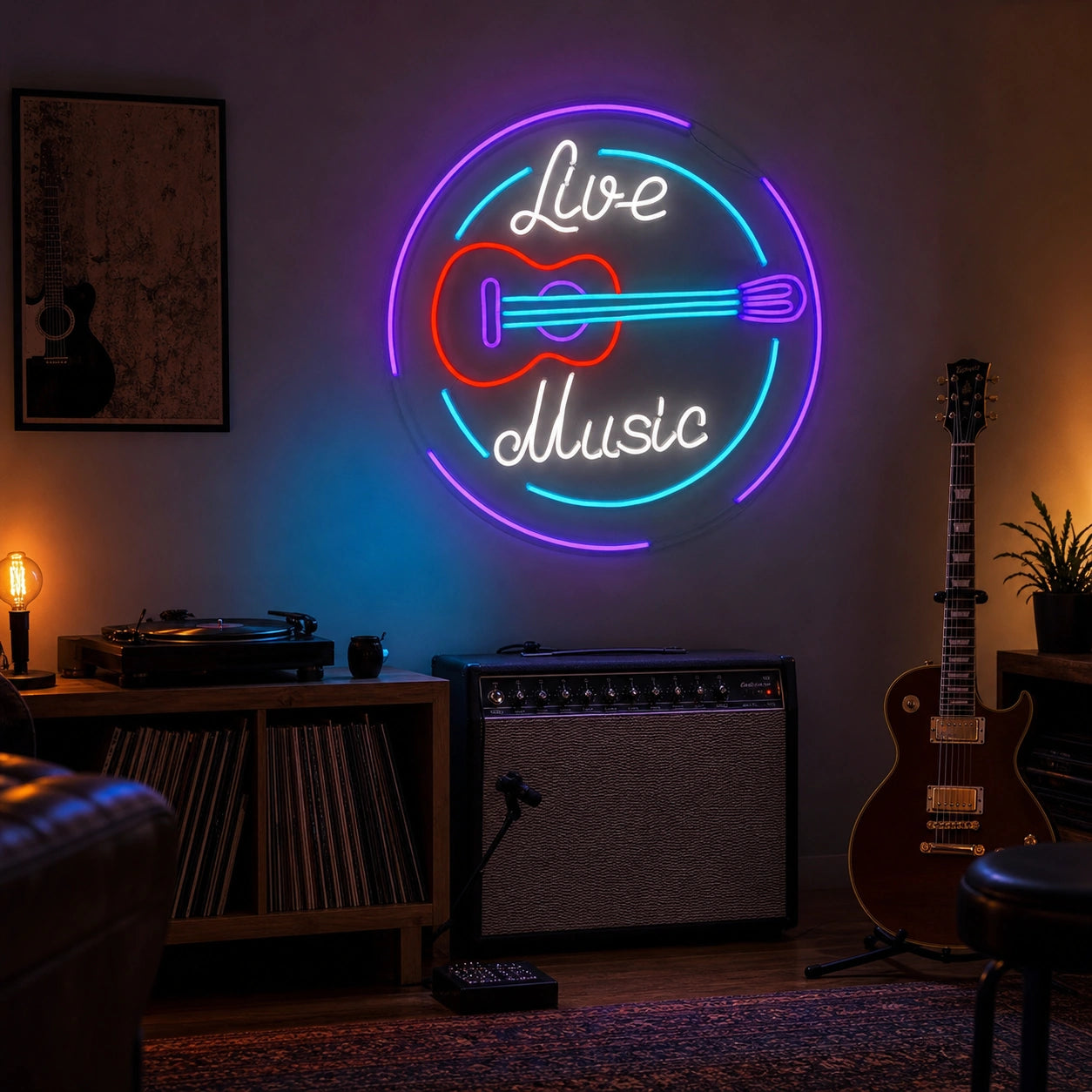 Live Music Guitar Circle LED Neon Sign Home Garage Wall Decoration real lifestyle scene