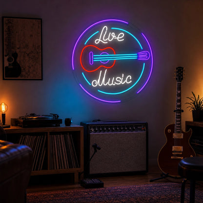Live Music Guitar Circle LED Neon Sign Home Garage Wall Decoration real lifestyle scene