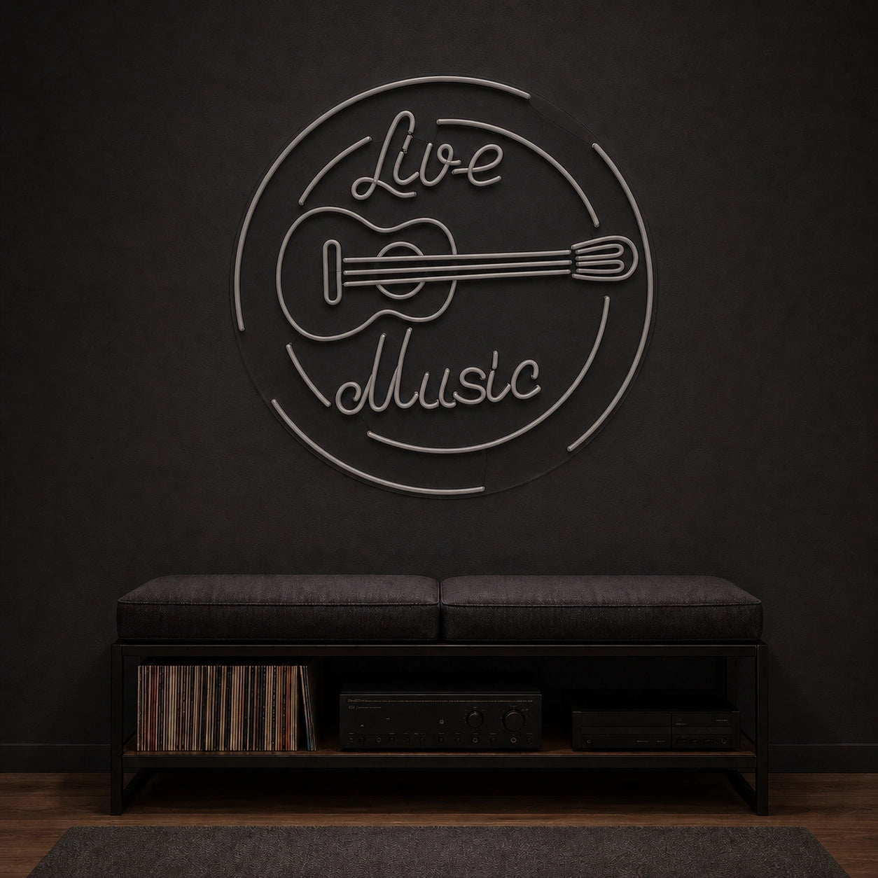 Live Music Guitar Circle LED Neon Sign Home Garage Wall Decoration size image