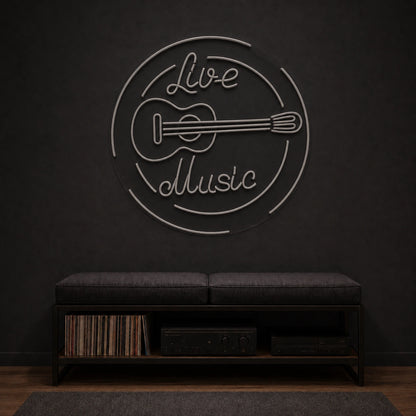 Live Music Guitar Circle LED Neon Sign Home Garage Wall Decoration size image