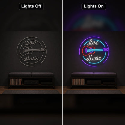 Live Music Guitar Circle LED Neon Sign Home Garage Wall Decoration day and night comparison