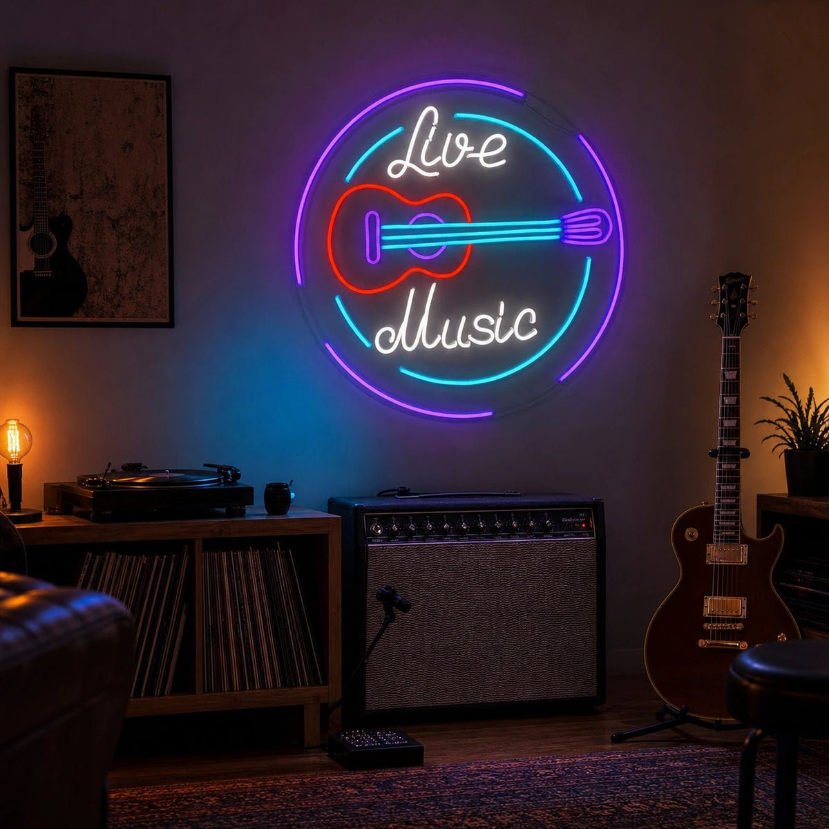 Live Music Guitar Circle LED Neon Sign Home Garage Wall Decoration - Shineneon