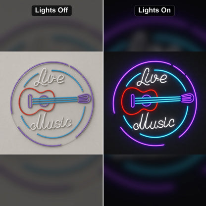 Live Music Guitar Circle LED Neon Sign Man Cave Neon Sign day and night comparison
