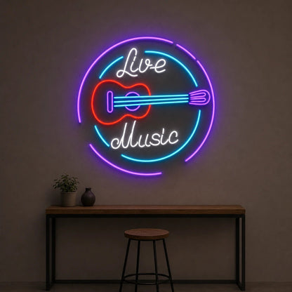 Live Music Guitar Circle LED Neon Sign Man Cave Neon Sign - Shineneon