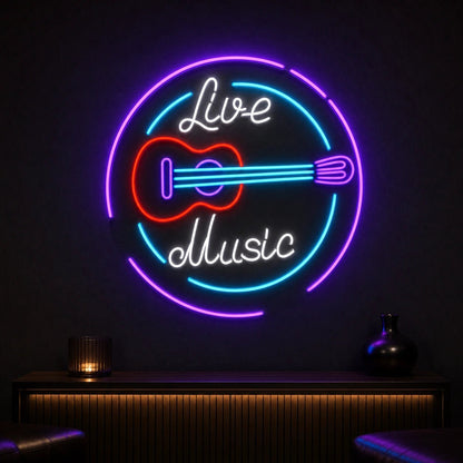 Live Music Guitar Circle LED Neon Sign Man Cave Neon Sign - Shineneon
