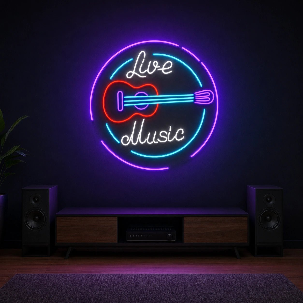 Live Music Guitar Circle LED Neon Sign Man Cave Neon Sign - Shineneon