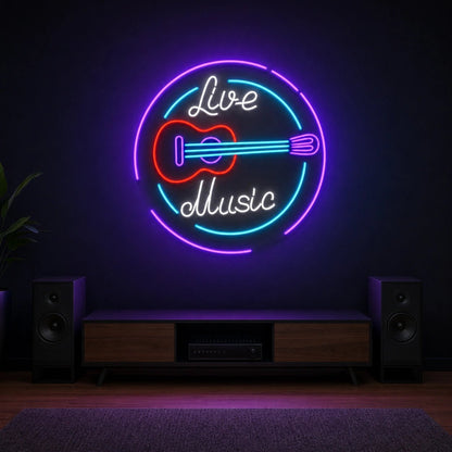 Live Music Guitar Circle LED Neon Sign Man Cave Neon Sign - Shineneon