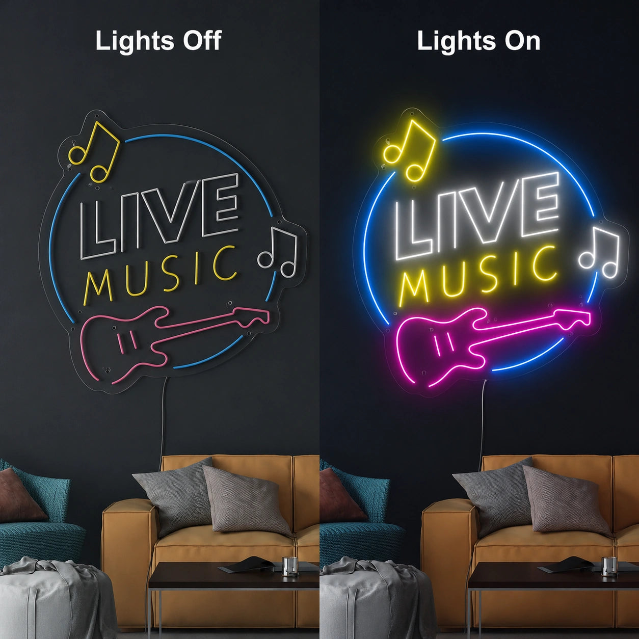 Live Music Guitar Neon Sign LED Neon Sign day and night comparison