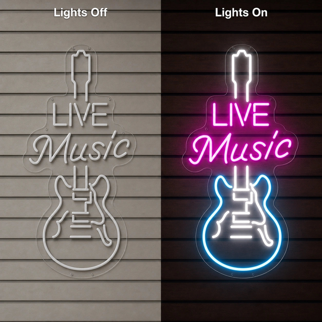 Live Music Hospitality Wall Decor LED Neon Sign Man Cave Neon Sign day and night comparison