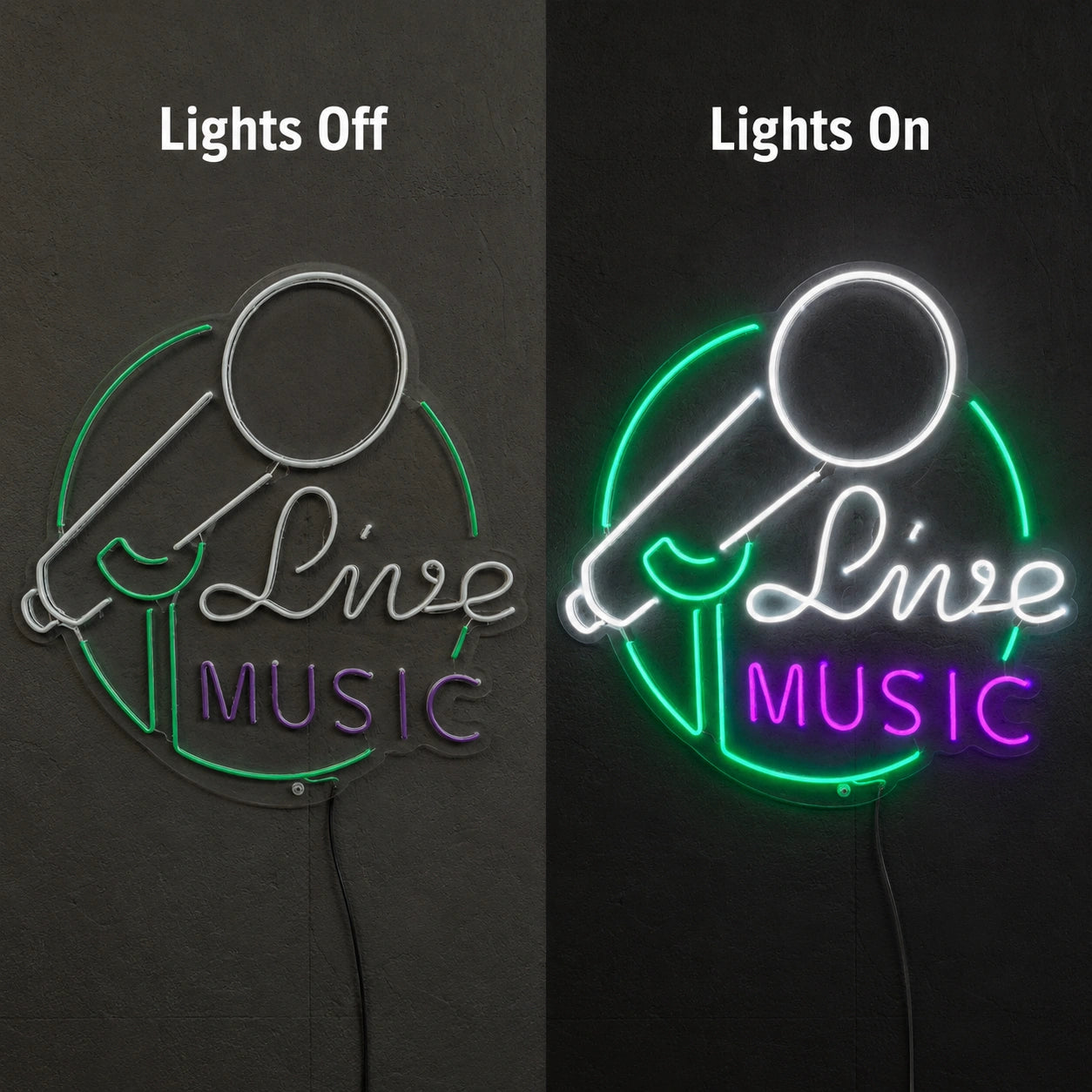 Live Music Microphone Neon Sign LED Neon Sign day and night comparison