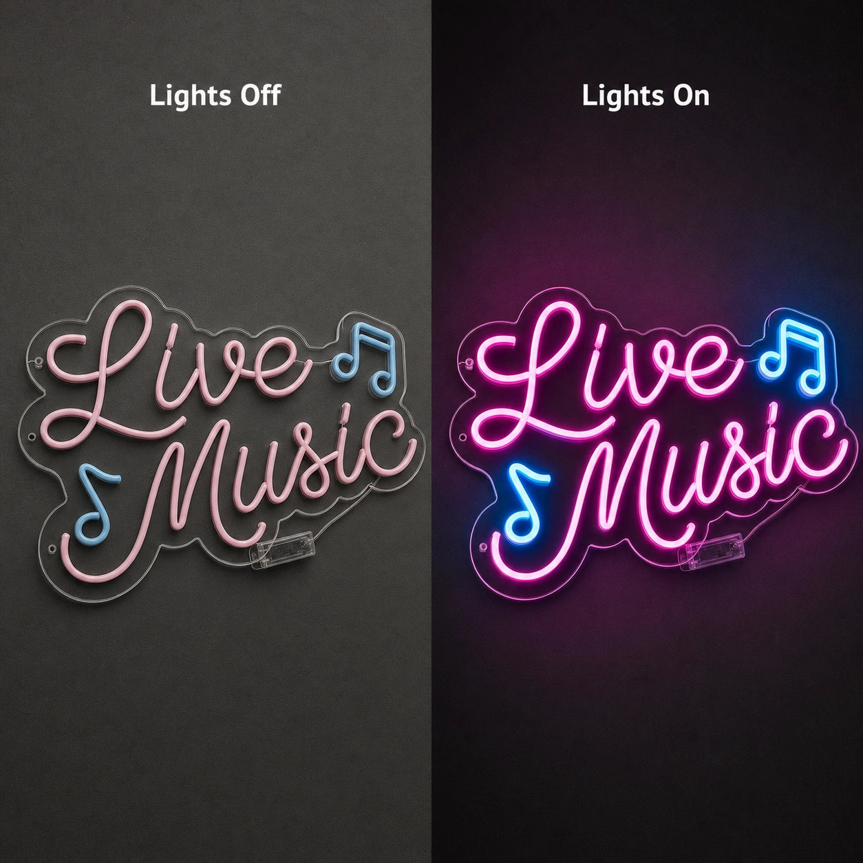 Live Music Notes LED Neon Sign day and night comparison