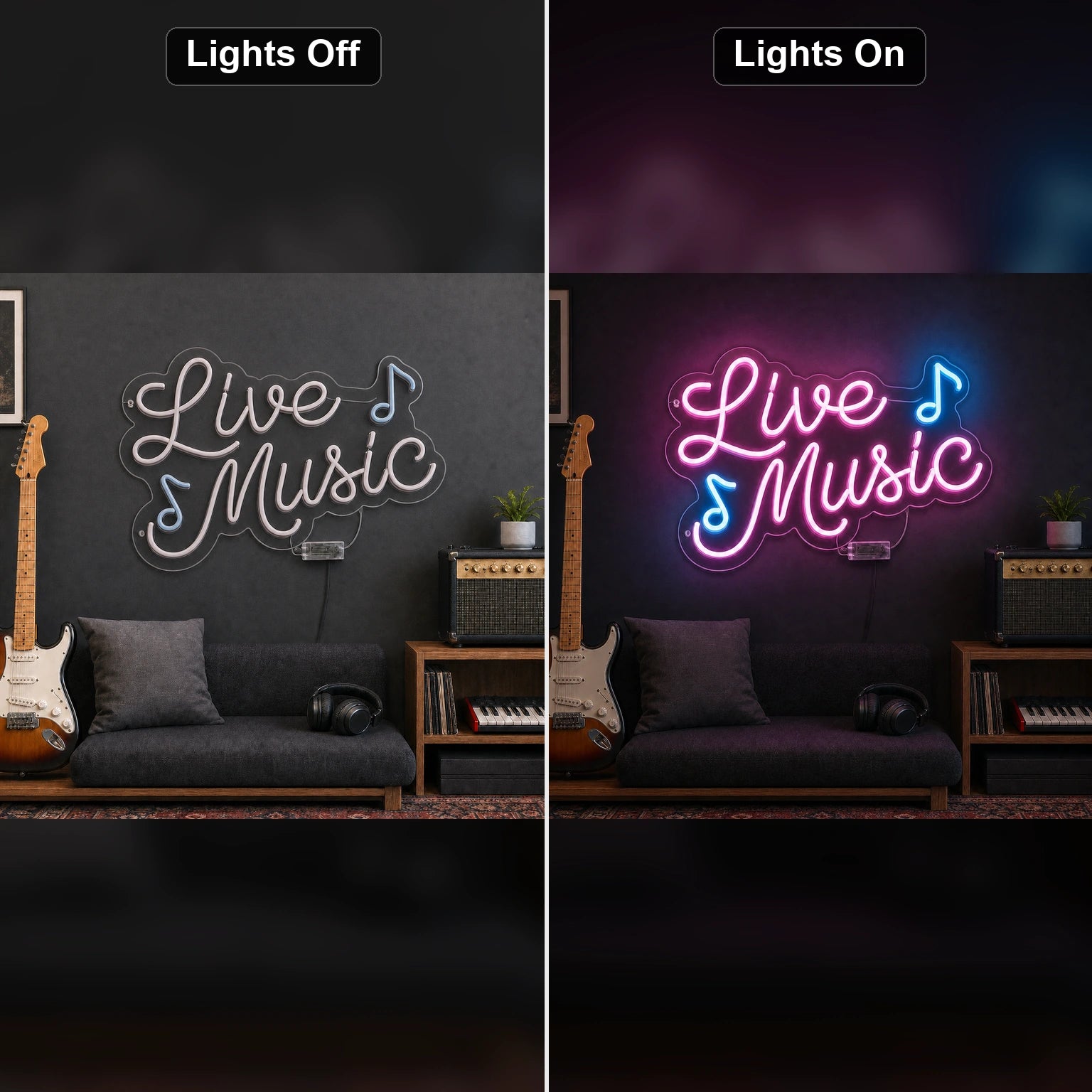 Live Music Notes LED Neon Sign Home Garage Wall Decoration day and night comparison