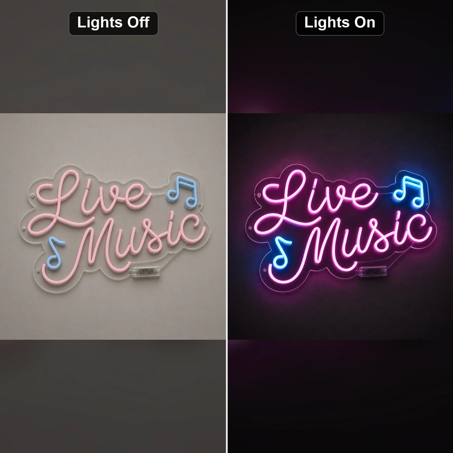 Live Music Notes LED Neon Sign Man Cave Neon Sign day and night comparison