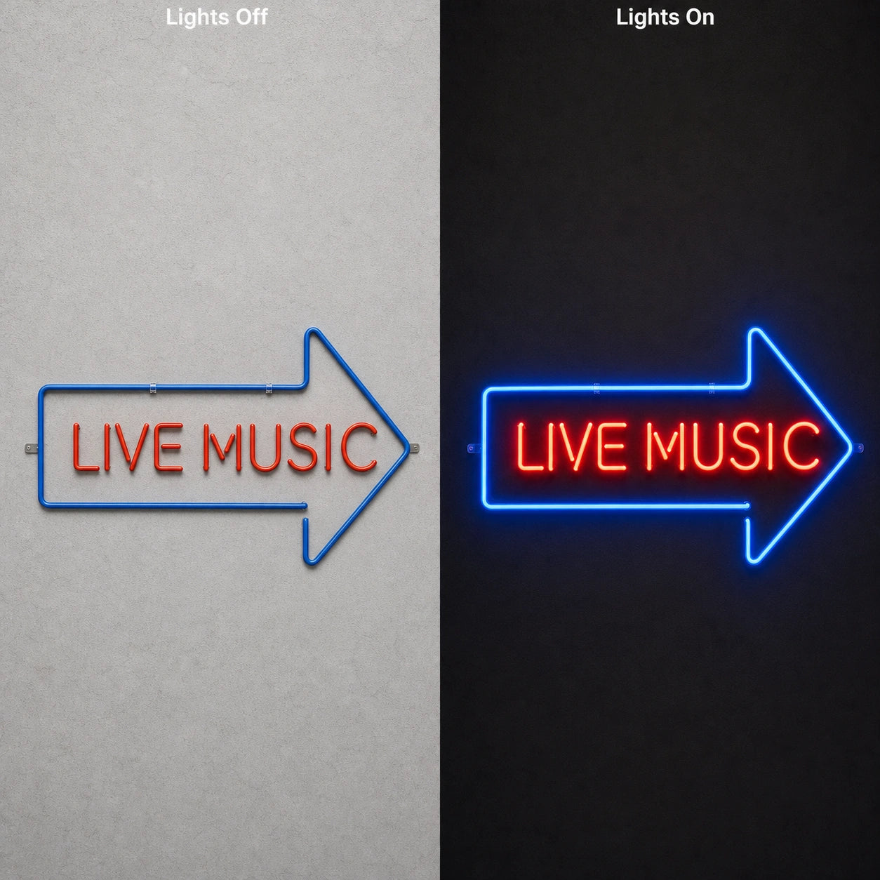 Live Music Right Arrow LED Neon Sign day and night comparison