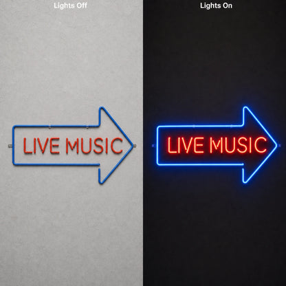 Live Music Right Arrow LED Neon Sign day and night comparison