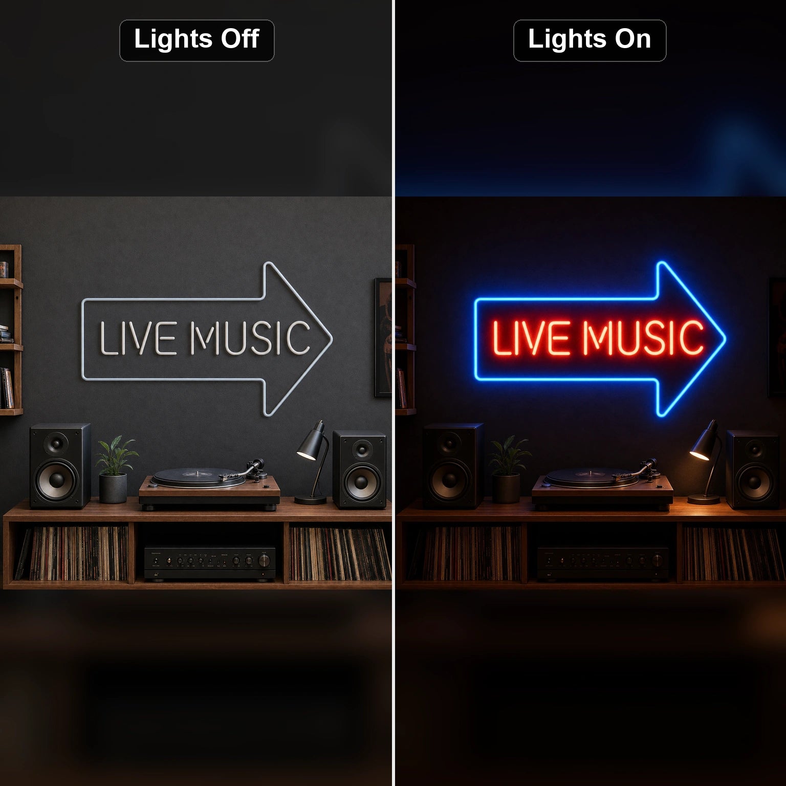 Live Music Right Arrow LED Neon Sign Home Garage Wall Decoration day and night comparison