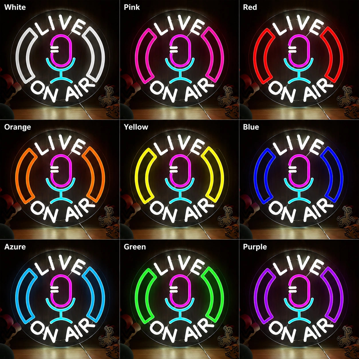 Live On Air Microphone LED Neon Sign day and night comparison