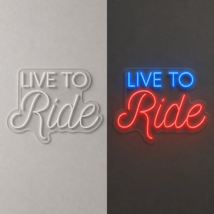 Live To Ride Living Room Vintage LED Neon Sign day and night comparison