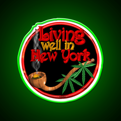 Living Well In New York W Cannabis Hemp Inspired Green Leaf Led Neon Sign Rgb Color - Shineneon