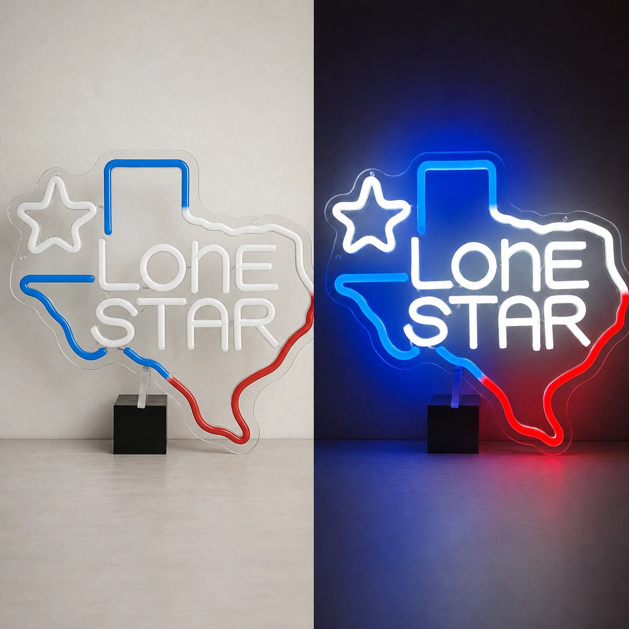 Lone Star Text Texas Outline Garage Neon Sign Vintage LED Neon Sign day and night comparison