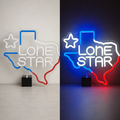 Lone Star Text Texas Outline Garage Neon Sign Vintage LED Neon Sign day and night comparison