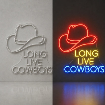 Long Live Cowboys Hat Vintage LED Neon Sign day and night comparison